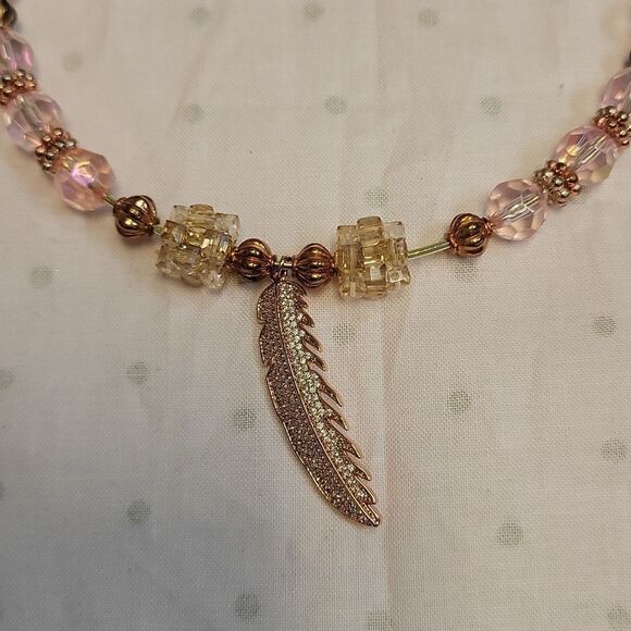 Handmade Beaded Necklace/Choker with Rose Gold Feather Pendant - Picture 7 of 8